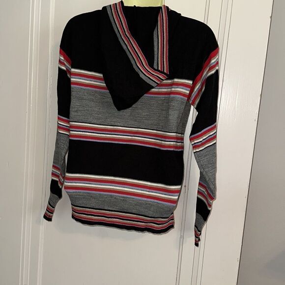 Vintage 70s Kmart striped black, red, gray & tan cream acrylic sweater with hood - Picture 6 of 9
